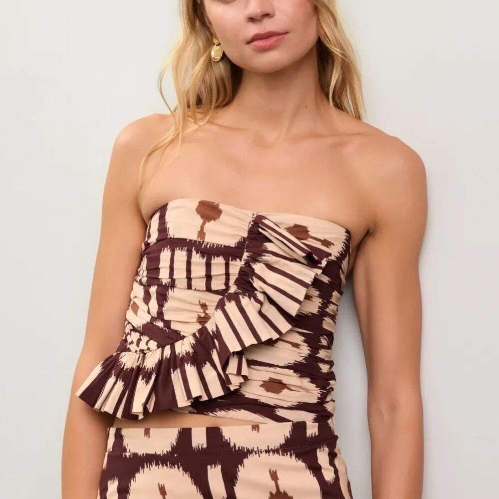 Ro's Garden Hidalgo Top Geo Print Strapless Ruffle Trim Cropped Brown Cream XL